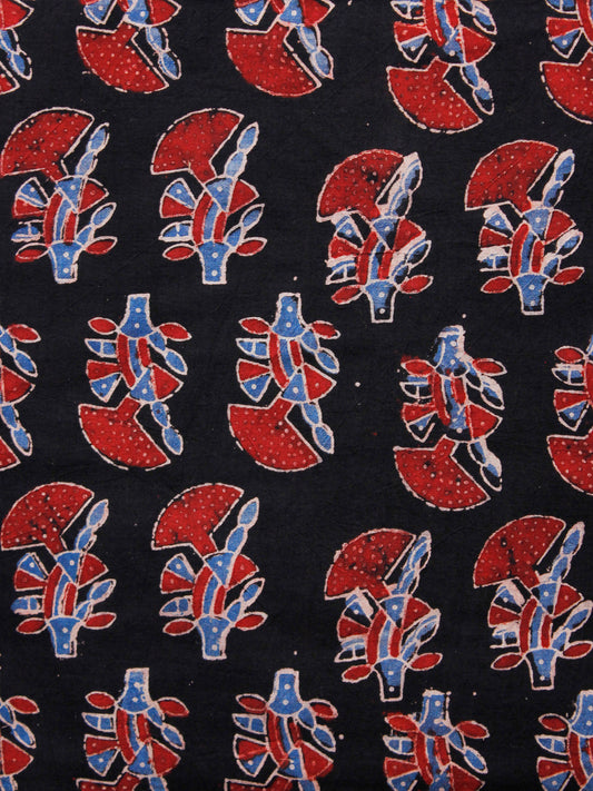 Black Red Blue Ivory Ajrakh Hand Block Printed Cotton Fabric Per Meter - F003F1665