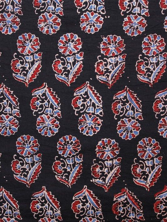 Black Indigo Maroon Ivory Ajrakh Hand Block Printed Cotton Fabric Per Meter - F003F1671