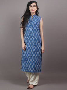 Indigo Beige Hand Block Printed Sleeveless Kurti - K0330105