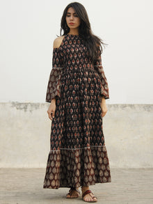 Black Brown Maroon Ivory Long Hand Block Cotton Tier Dress With Cold Shoulder  - D146F983