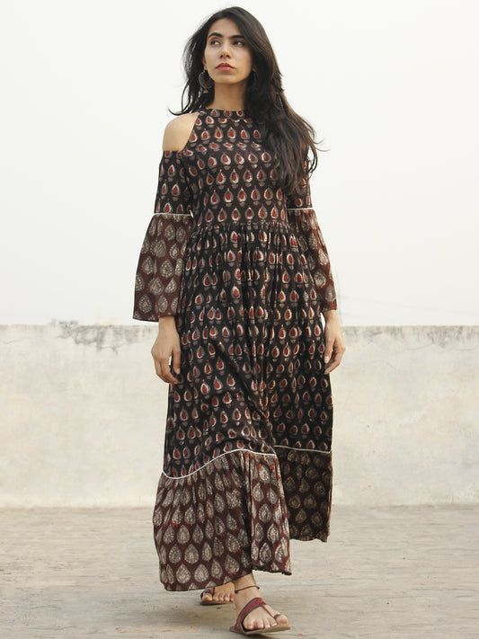 Black Brown Maroon Ivory Long Hand Block Cotton Tier Dress With Cold Shoulder  - D146F983