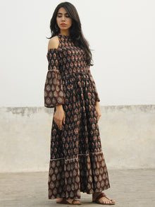 Black Brown Maroon Ivory Long Hand Block Cotton Tier Dress With Cold Shoulder  - D146F983