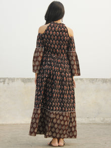 Black Brown Maroon Ivory Long Hand Block Cotton Tier Dress With Cold Shoulder  - D146F983