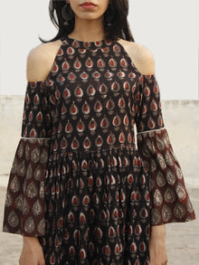 Black Brown Maroon Ivory Long Hand Block Cotton Tier Dress With Cold Shoulder  - D146F983