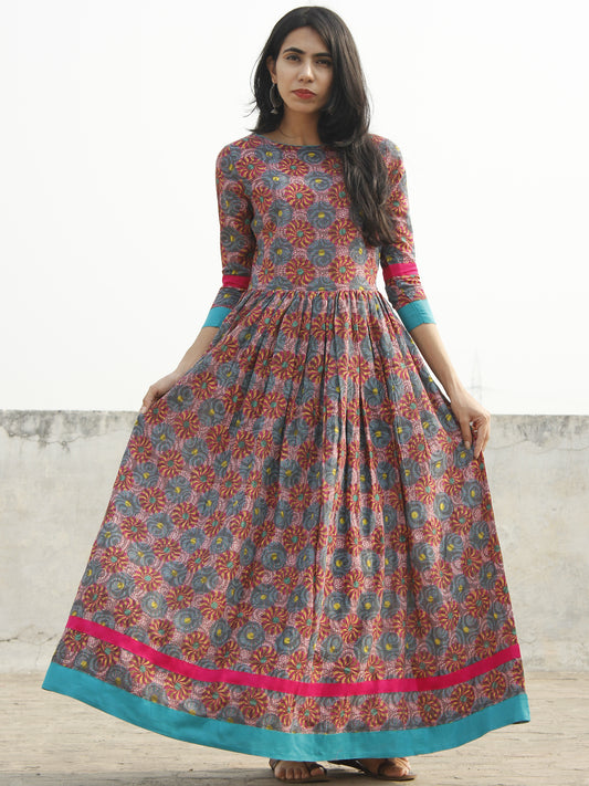 Pink Sea Green Yellow Magenta Hand Blocked Cotton Long Dress With Back Details - D136F778