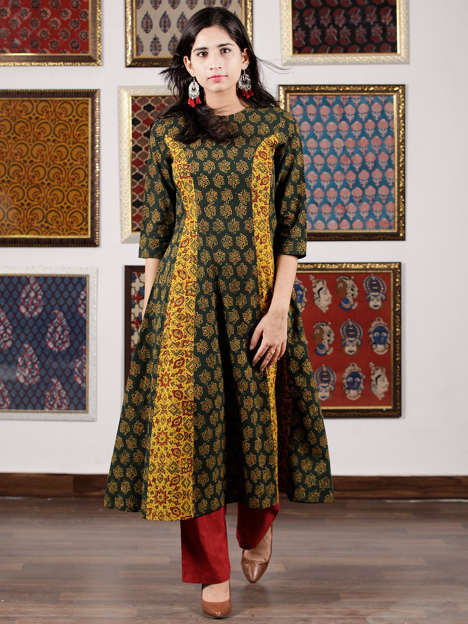 Green Yellow Maroon Black Ajrakh Hand Block Printed Kurta in Natural C ...