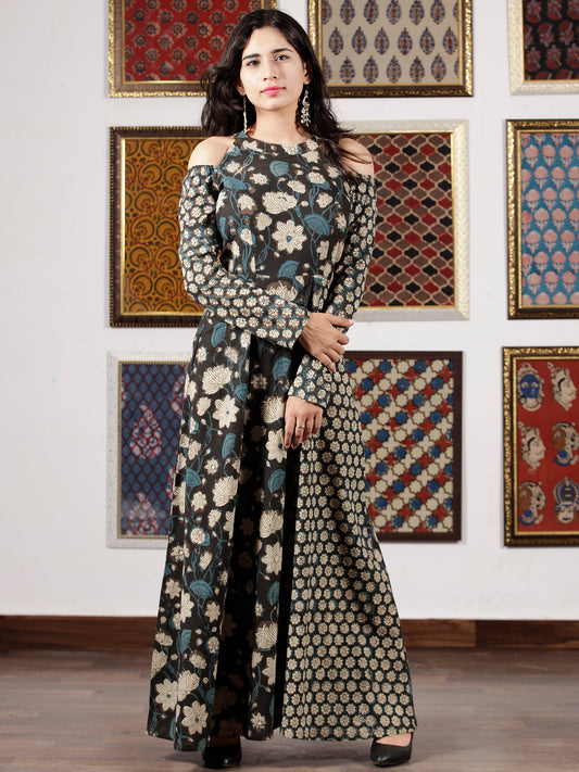 Black Indigo Beige Hand Block Printed Cotton Long Dress With Cold Shoulders  - D307F1365