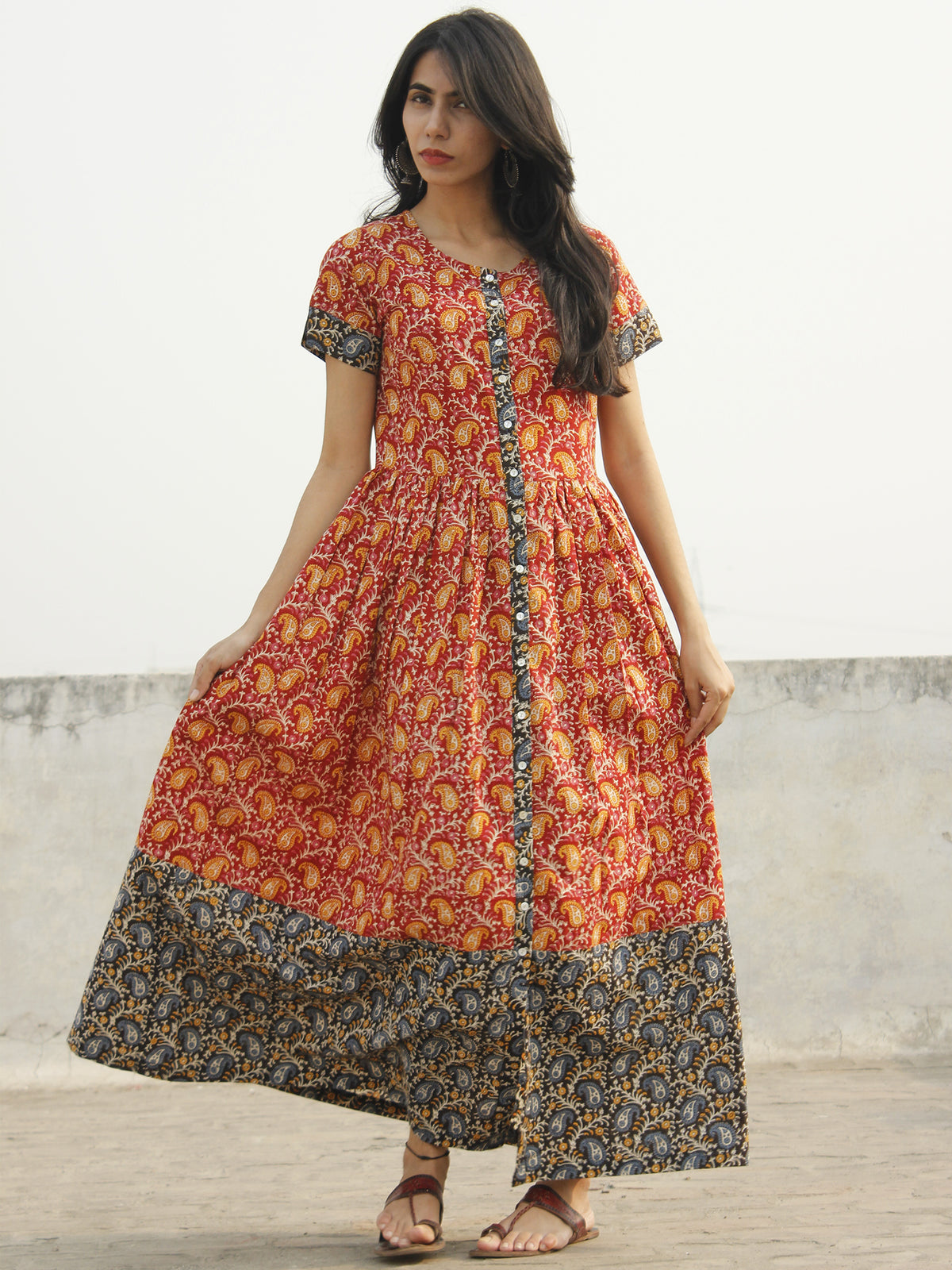 Red Black Yellow Indigo Pink Ivory Long Hand Block Cotton Dress With Stand Collar  - D138F995