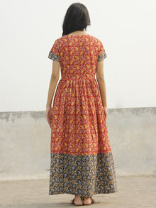 Red Black Yellow Indigo Pink Ivory Long Hand Block Cotton Dress With Stand Collar  - D138F995