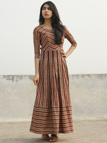 Beige Black Red Orange Long Hand Block Cotton Stripe Dress With Box Pleats  - D140F1077