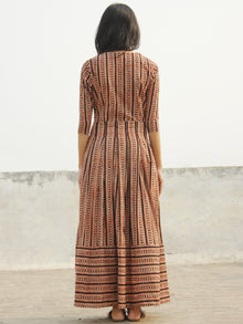 Beige Black Red Orange Long Hand Block Cotton Stripe Dress With Box Pleats  - D140F1077