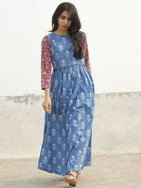 Indigo White Maroon Long Hand Block Printed Cotton Dress With Gathers  - D143F905