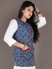 Indigo White Maroon Hand Block Dabu Printed Jacket With Anchor Embroidery - J0101703