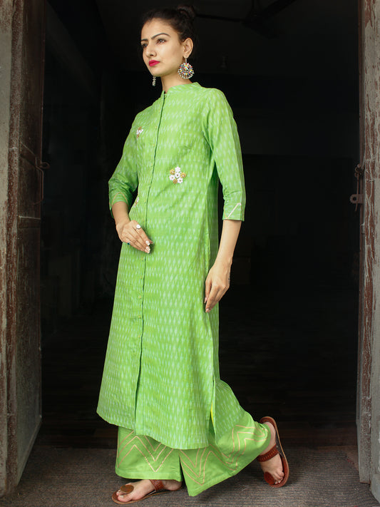 Parrot Green Hand Woven Ikat Embroidered Kurta & Pants (Set of 2) - SS01F1746