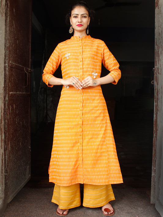 Mustard Yellow Silk Cotton Ikat Embroidered Kurta & Pants (Set of 2) - SS01F1747