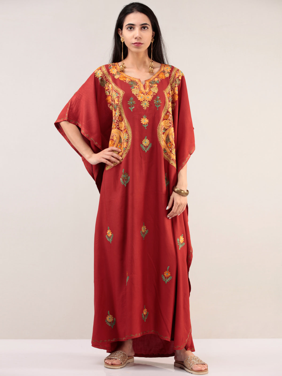 Crimson Red Aari Embroidered Kashmere Free Size Kaftan  - K12K031