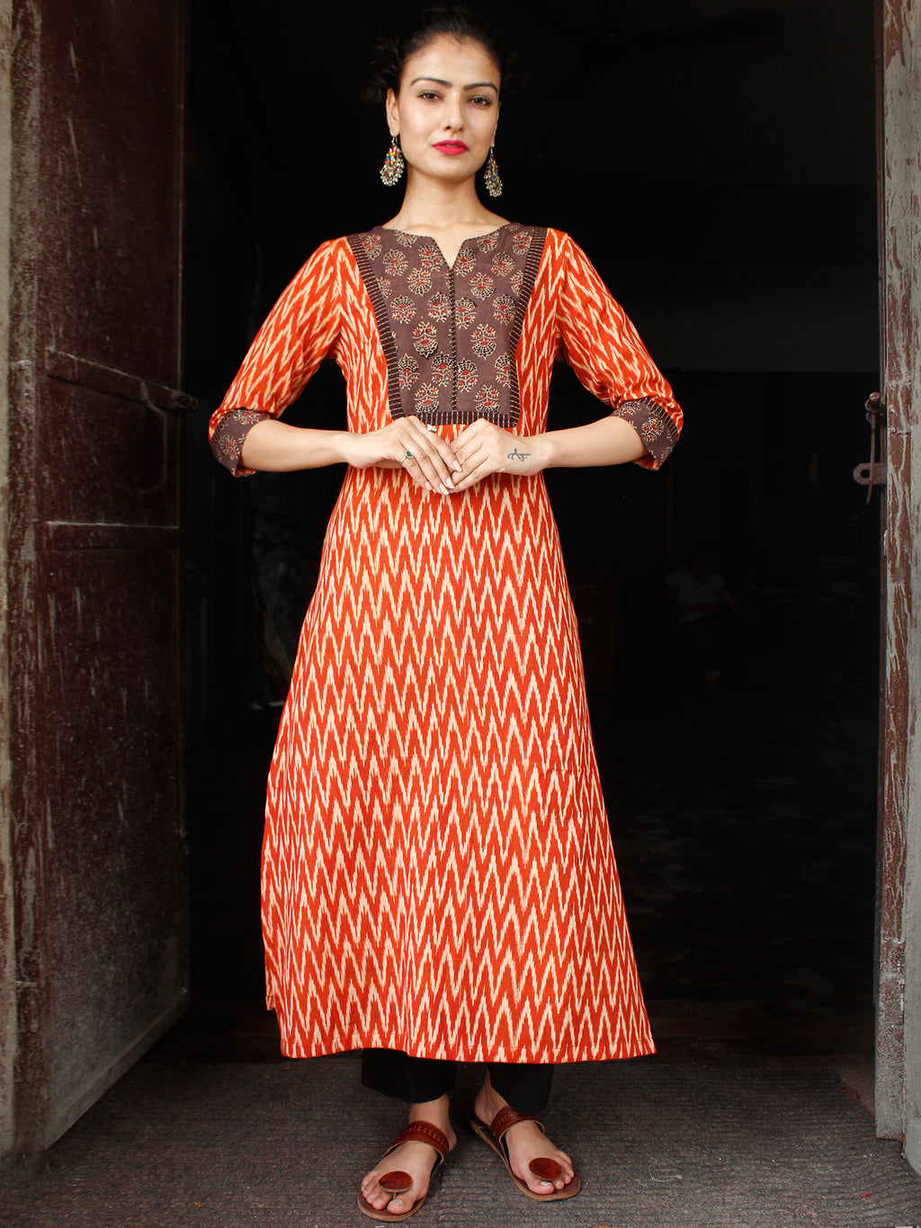 Rust Orange Beige Ikat long Cotton Kurta With Ajrakh Patch Work K169 InduBindu