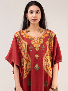 Crimson Red Aari Embroidered Kashmere Free Size Kaftan  - K12K031