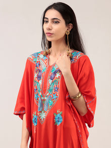 Tomato Red Aari Embroidered Kashmere Free Size Kaftan  - K12K030