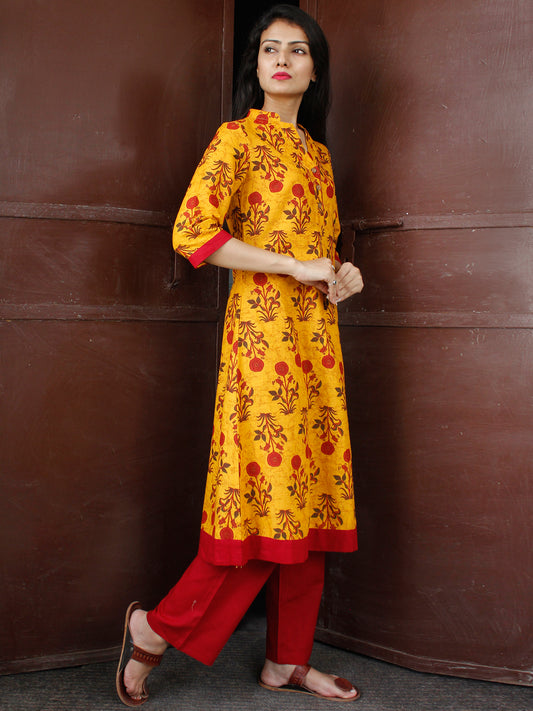 Mustard Yellow Maroon Cotton Block Printed Kurta & Pants - Set of 2 - SS01F046