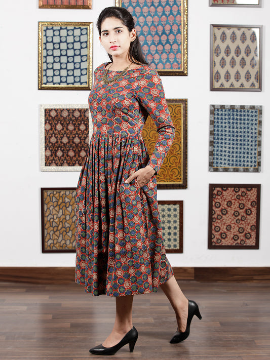 Red Teal Green Indigo Ivory Black Hand Block Printed Cotton  Midi Dress - D105F1316