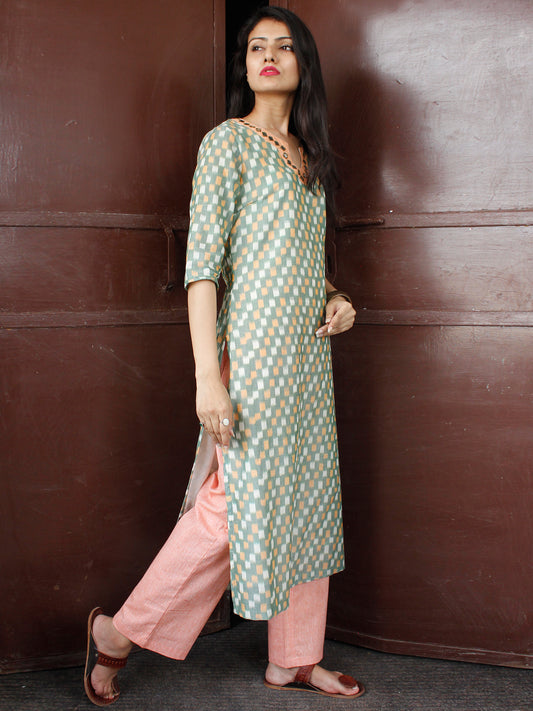 Sage Green Peach Silk Cotton Ikat Mirror Work Kurta & Pants (Set of 2) - SS01F1742