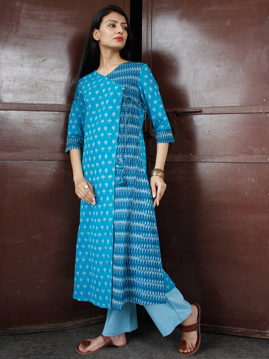 Sky Blue Turquoise Silk Cotton Ikat Angrakha Kurta & Pants (Set of 2) - SS0f1753