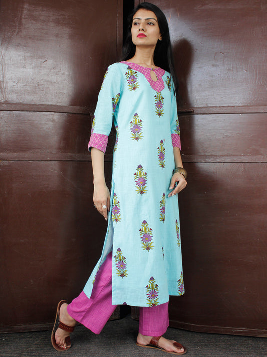 Sky Blue Pink Green Cotton Block Printed Kurta & Pants - Set of 2 - SS01F050