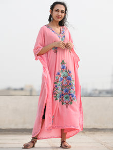 Pink Multicolor Aari Embroidered Kashmere Free Size Kaftan in Crushed Cotton - K11K073