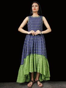 Indigo Green Ivory Hand Woven Ikat Asymmetric Sleeveless Dress - D311F1744