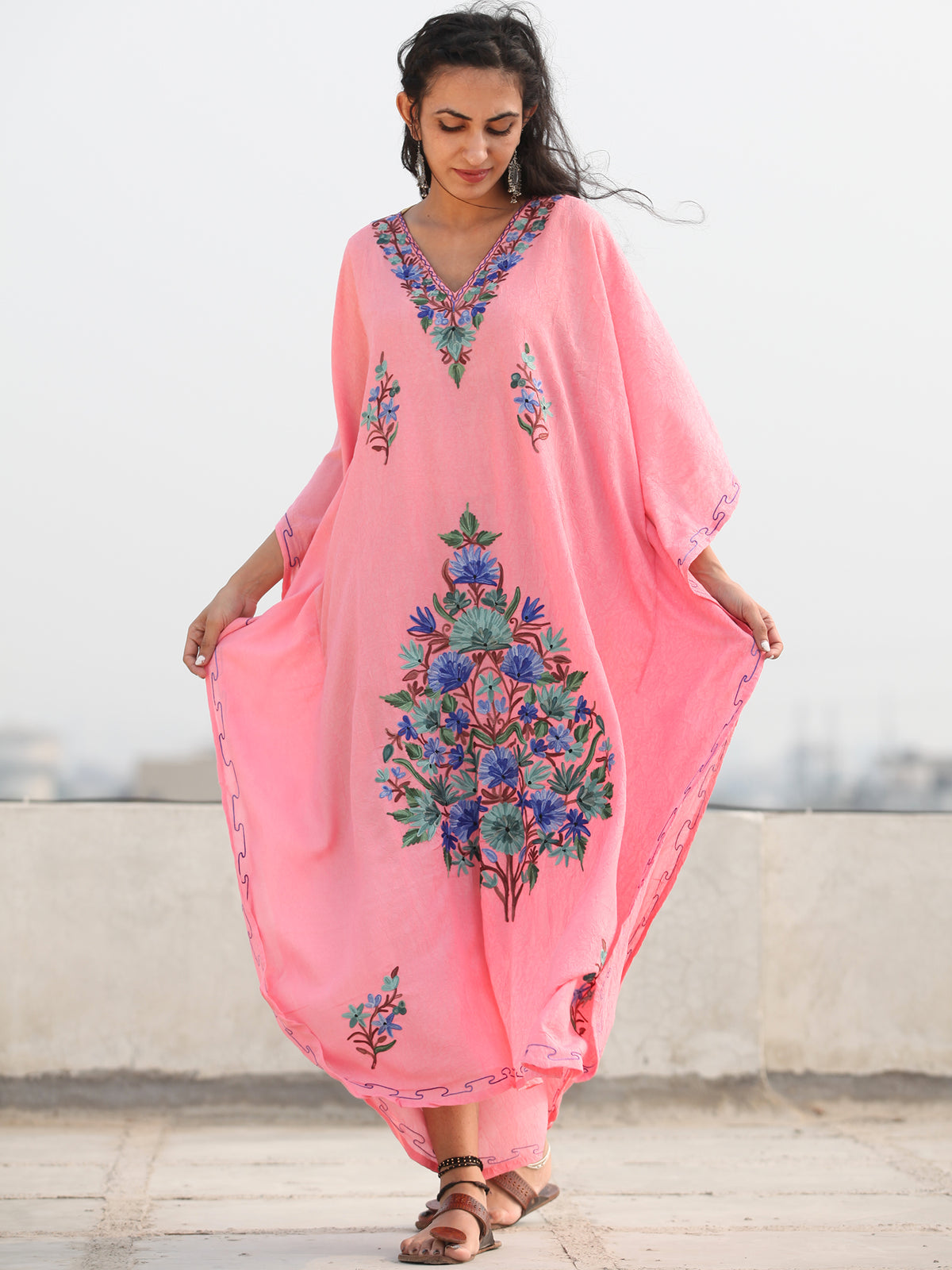 Pink Multicolor Aari Embroidered Kashmere Free Size Kaftan in Crushed Cotton - K11K073