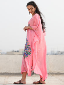 Pink Multicolor Aari Embroidered Kashmere Free Size Kaftan in Crushed Cotton - K11K073