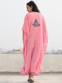 Pink Multicolor Aari Embroidered Kashmere Free Size Kaftan in Crushed Cotton - K11K073