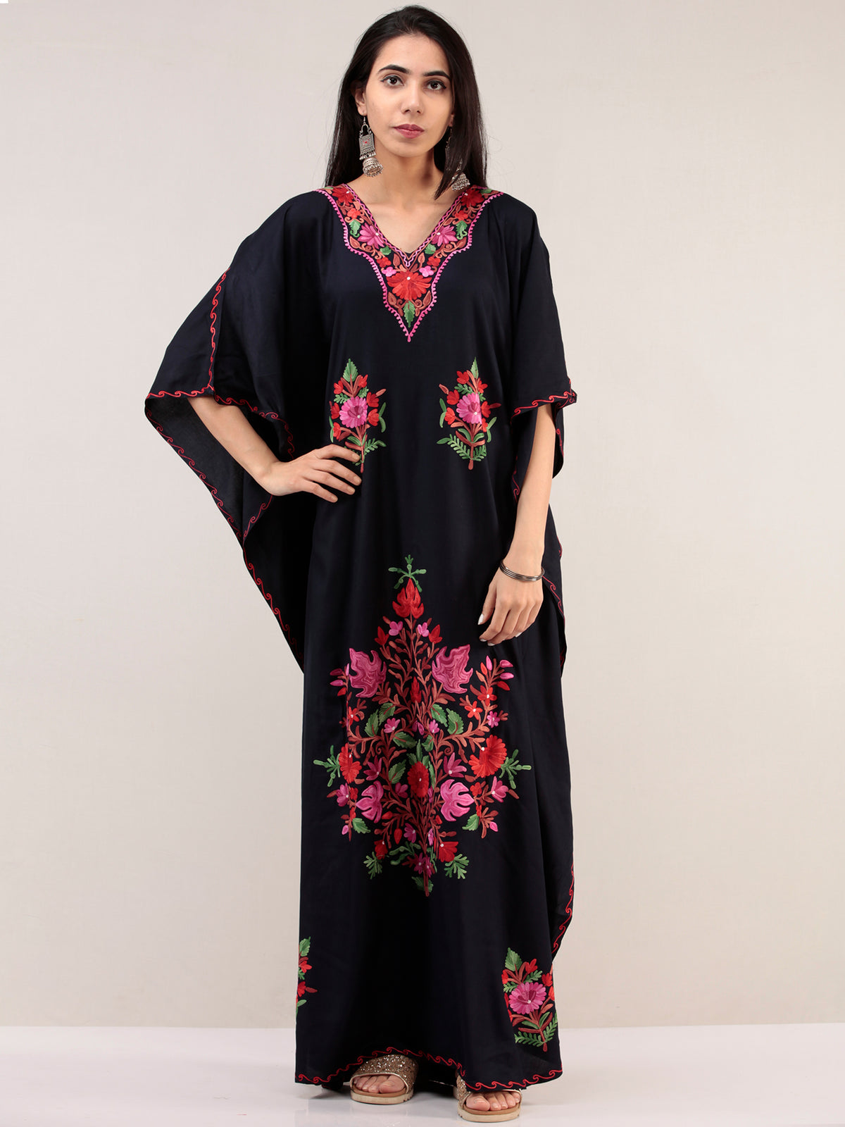 Blue Aari Embroidered Kashmere Free Size Kaftan  - K12K052