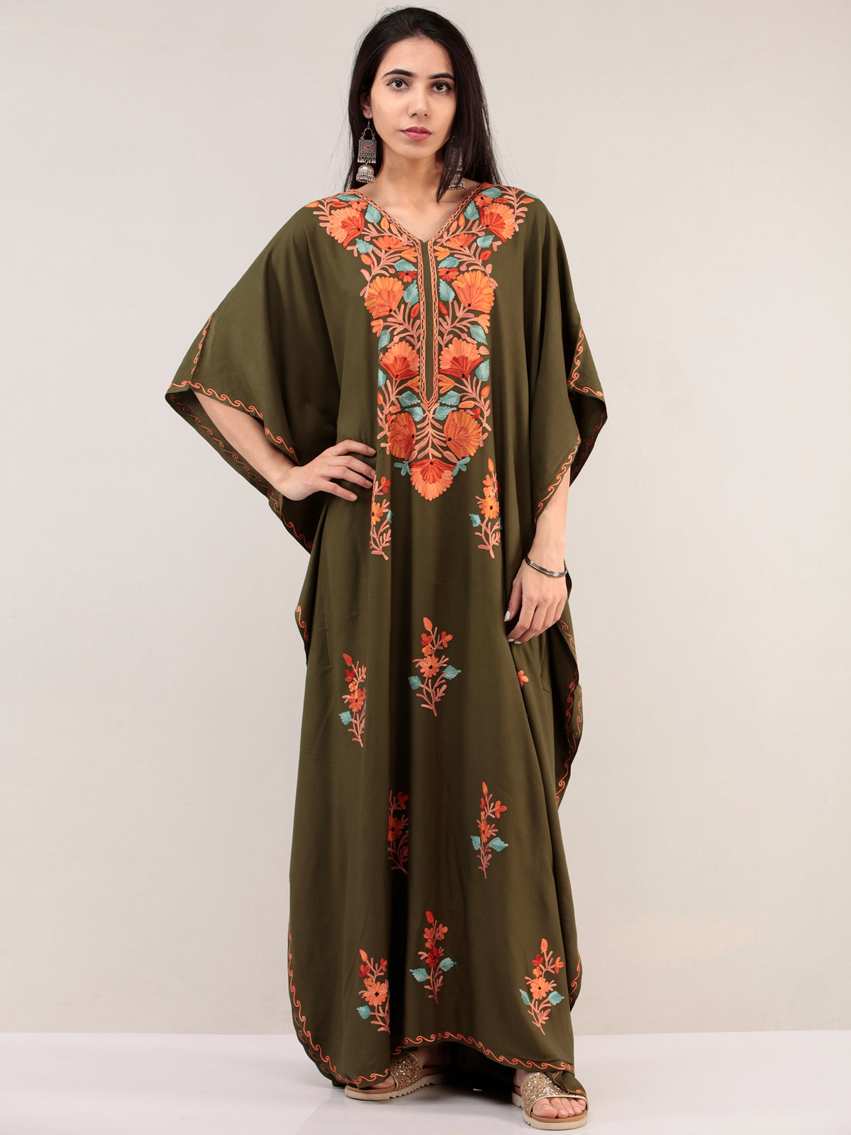 Green Aari Embroidered Kashmere Free Size Kaftan  - K12K070