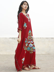 Maroon with Sky blue & Green Aari Embroidered Long Kashmere Free Size Kaftan in Crushed Cotton - K11K006