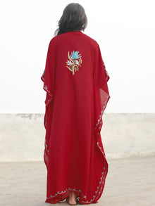 Maroon with Sky blue & Green Aari Embroidered Long Kashmere Free Size Kaftan in Crushed Cotton - K11K006