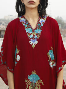 Maroon with Sky blue & Green Aari Embroidered Long Kashmere Free Size Kaftan in Crushed Cotton - K11K006