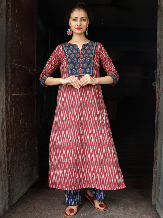 Onion Pink Indigo Ivory Hand Woven Ikat Kurta   - SS01F859