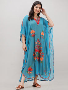 Sky Blue Multicolor Aari Embroidered Kashmere Free Size Georgette Kaftan  - K12K004