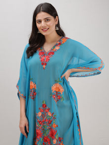 Sky Blue Multicolor Aari Embroidered Kashmere Free Size Georgette Kaftan  - K12K004