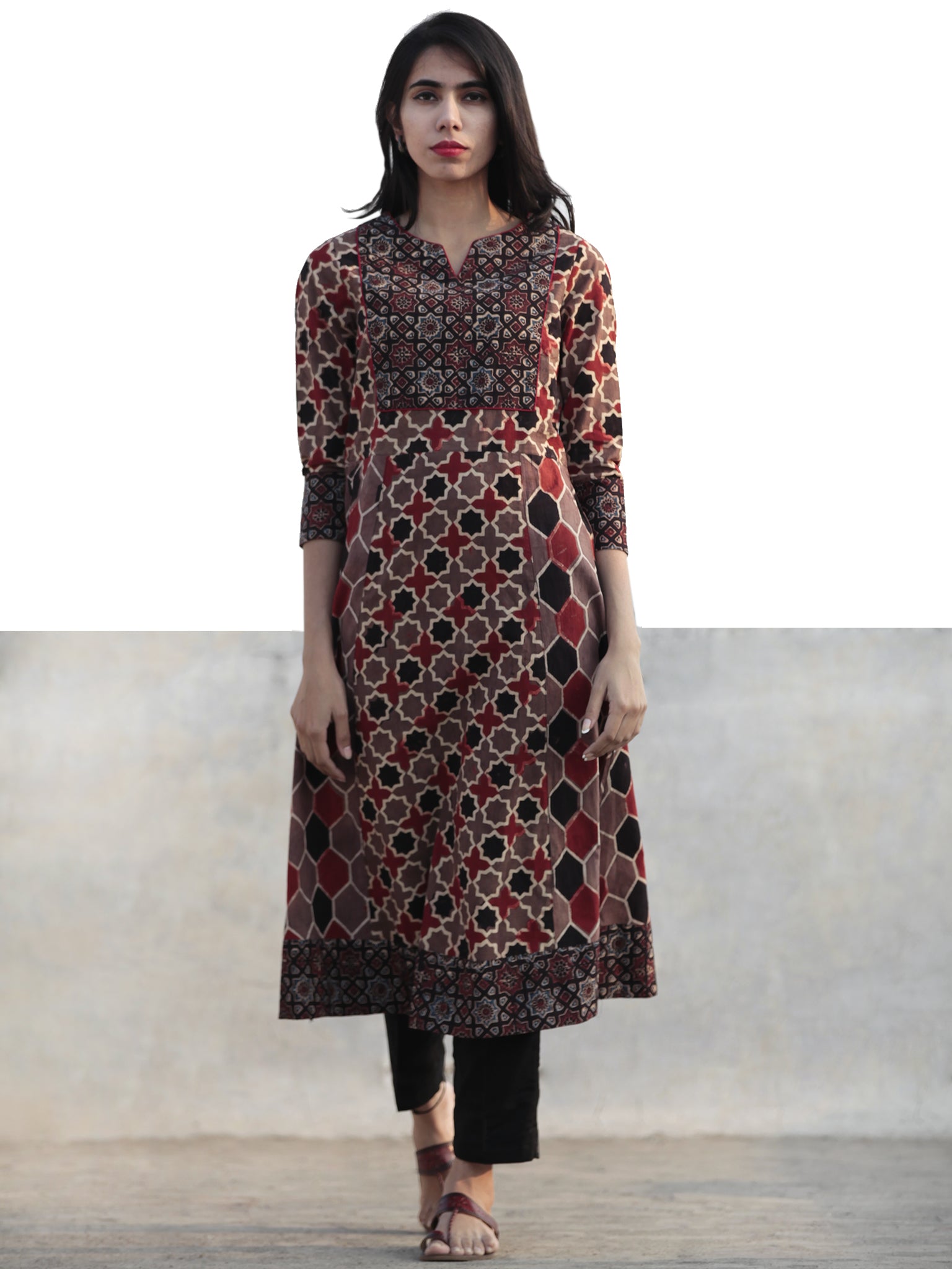 Light Brown Black Red Ivory Hand Printed Ajrakh Kurta - K54F1166 ...