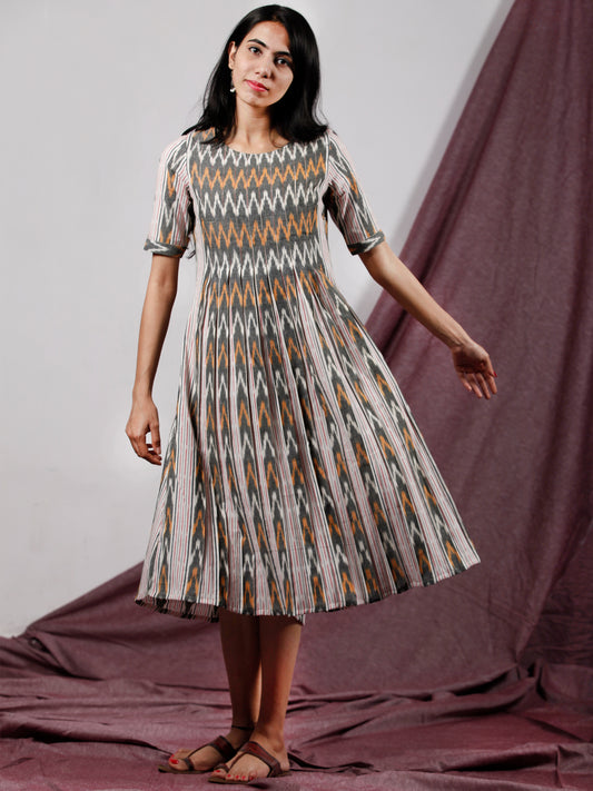 Pink Grey White Rust Front Open Hand Woven Ikat Cotton Dress With Front Box Pleats  - D196F1237