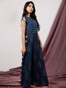 Indigo Rust Ivory Maroon Hand Block Printed Long Cotton Panel Dress With Petal Sleeves  - D224F1321