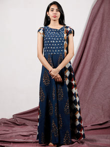 Indigo Rust Ivory Maroon Hand Block Printed Long Cotton Panel Dress With Petal Sleeves  - D224F1321