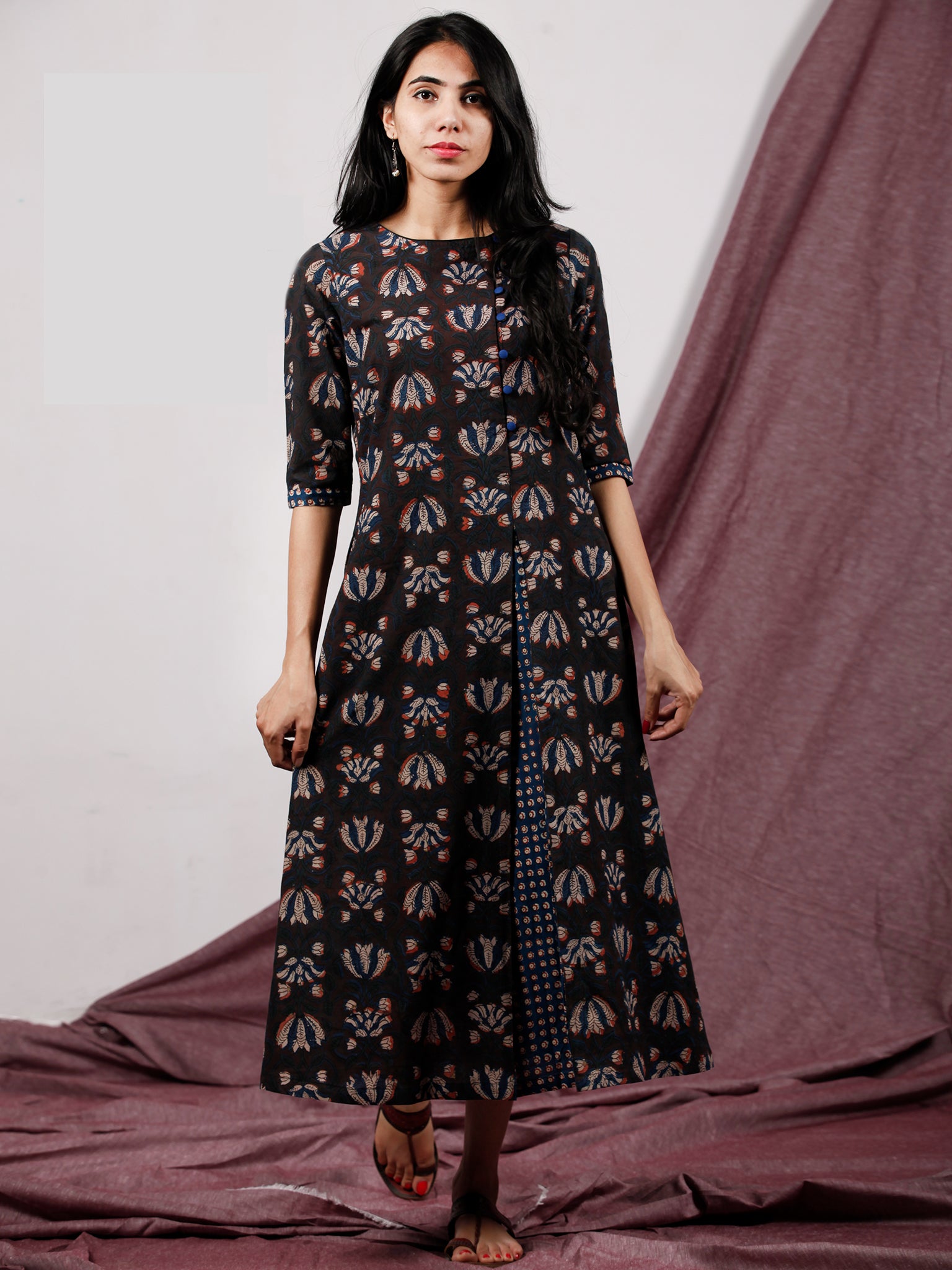 Coffee Brown Rust Beige Hand Block Printed Long Cotton Dress With Side ...