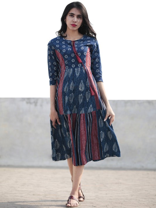 Indigo White Pink Hand Blocked Cotton Middi Dress with Tassels - D212F1115