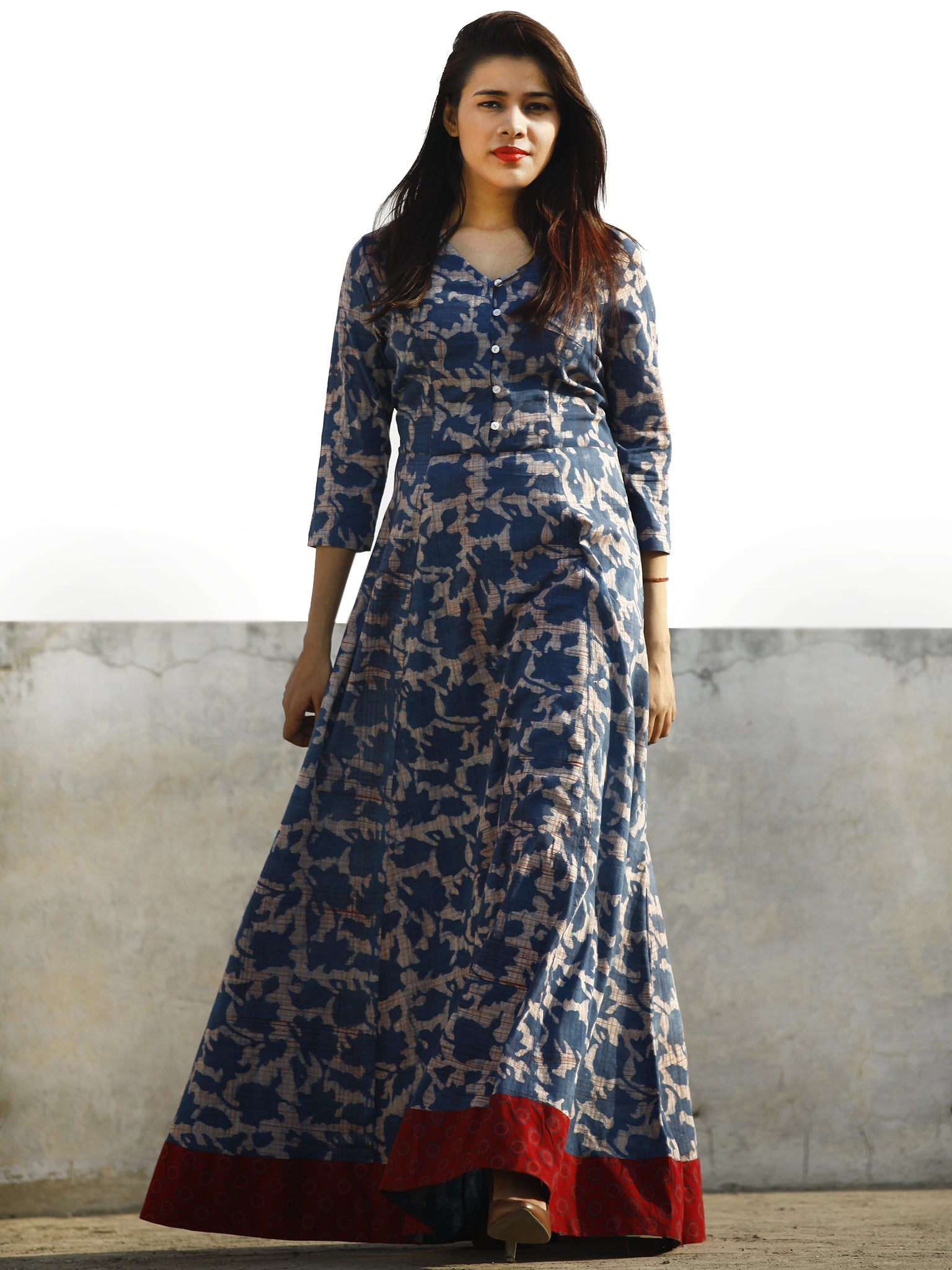 Nazmin - Hand Block Printed Long Cotton Dress With Back Knots - D162F7 ...