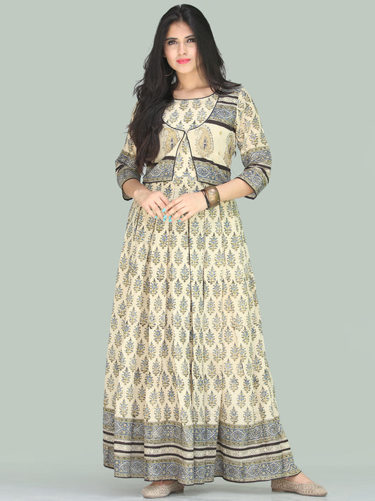 Naaz Jhara - Hand Block Printed Long Cotton Embroidered Jacket Dress - DS110F001