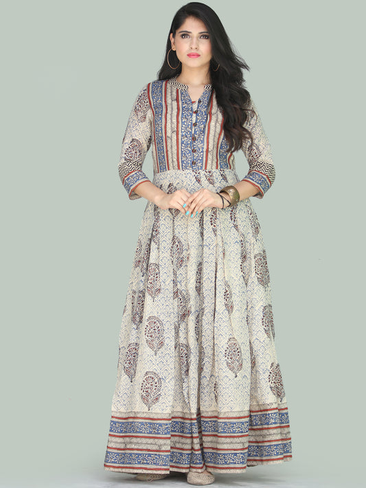 Naaz Minaz - Hand Block Printed Long Cotton Dress With Lining - DS111F001